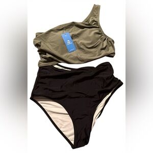 NWT Cupshe Olive and Black One-Shoulder Bikini